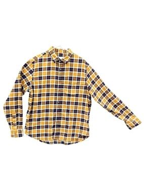Mens Flannel Mustard Blue Plaid Button-Down Collar Shirt L Regular Fit Long Slee